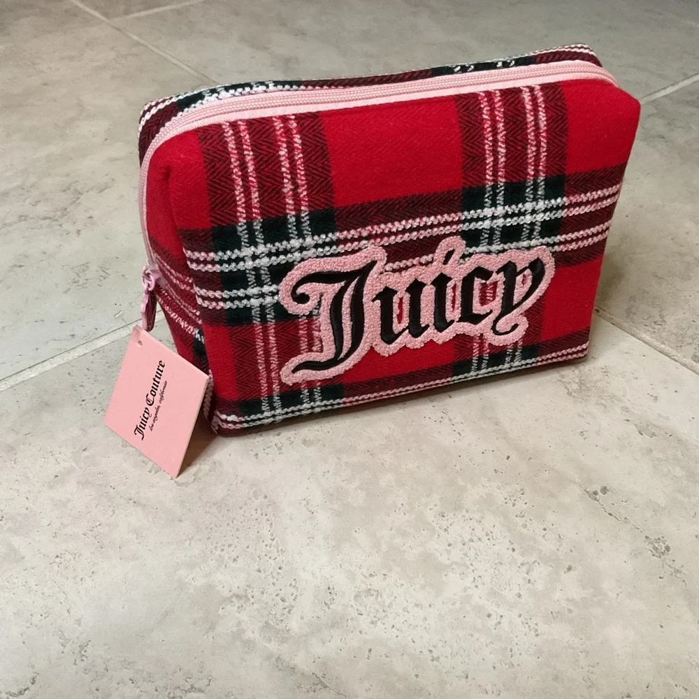 Juicy Couture Red Plaid Zip Cosmetic Pouch with Pink Logo NWT